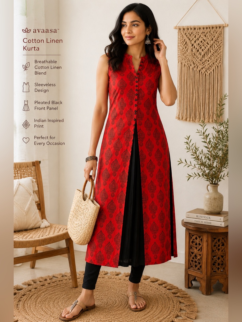 Avaasa Red Cotton Linen Sleeveless Kurta with Black Pleated Front Panel Small